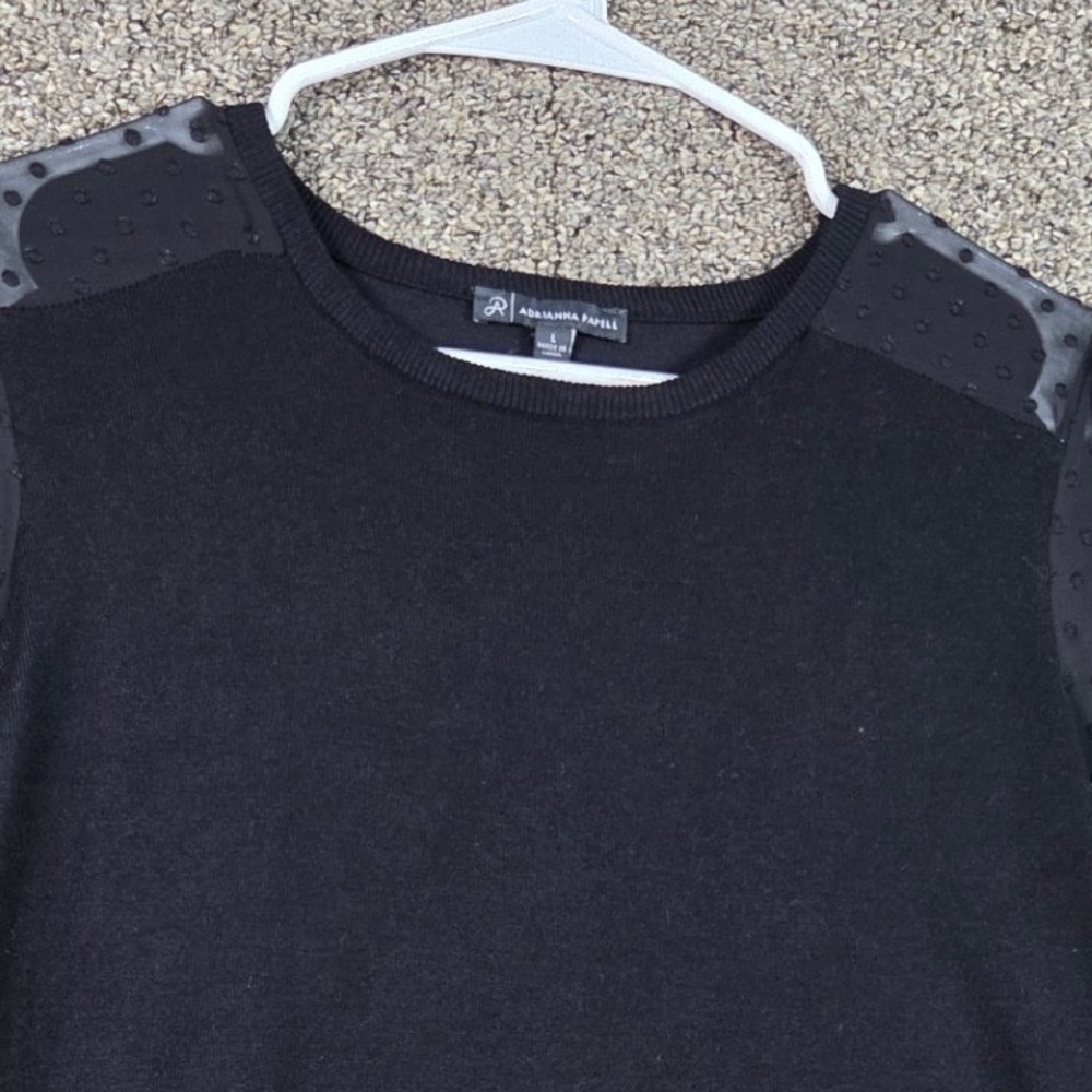 Adrianna Papell Knit Top Women Large Black Swiss Dot Sheer Puff Sleeve Sweater‎ - Picture 3 of 8
